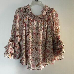 CeCe Top Womens Small Floral Off the Shoulder Sheer Blouse Ruffle Sleeves